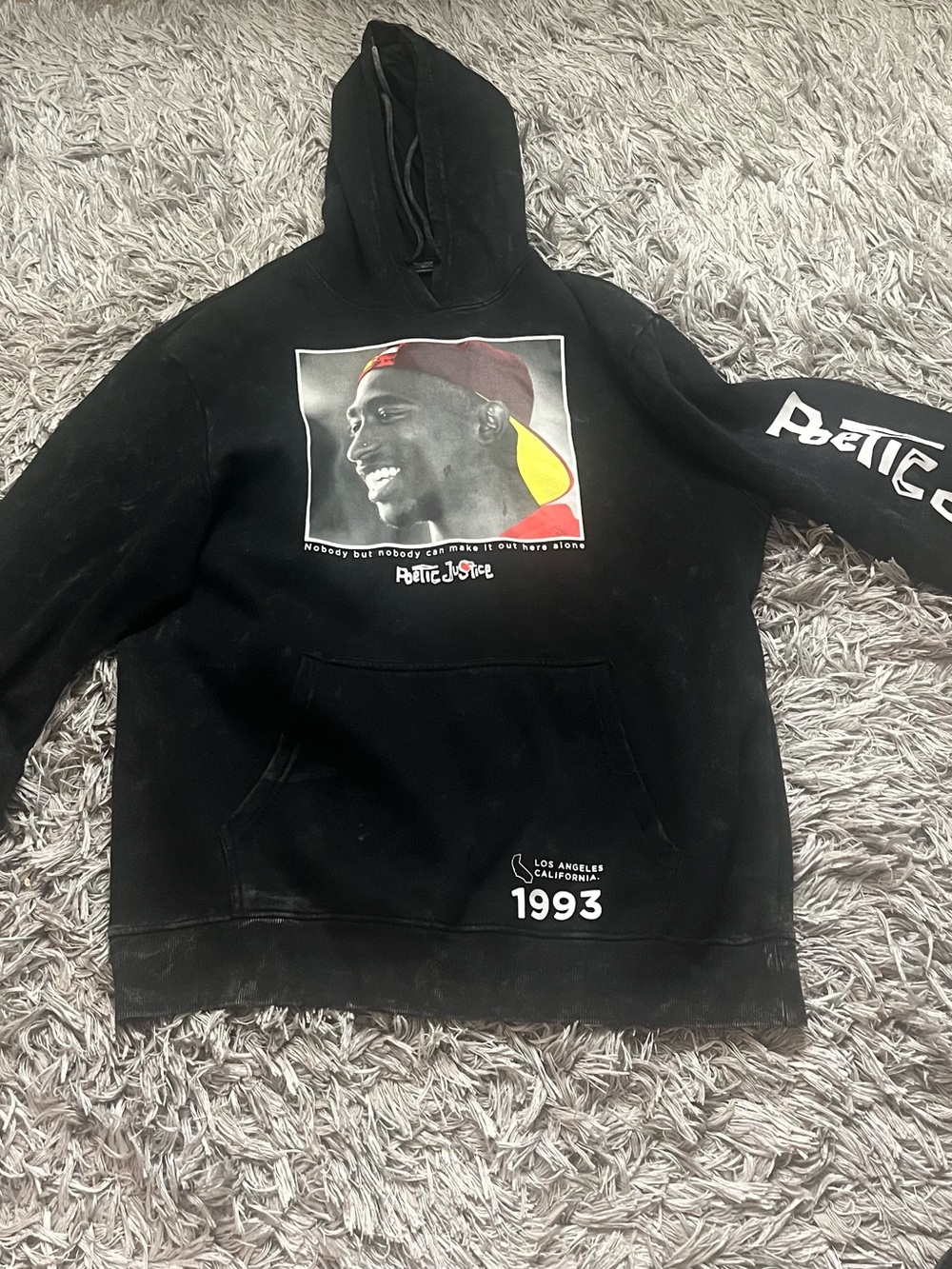 Men’s Black Poetic Justice Graphic Hoodie with Tupac Front Portrait Size 2XL